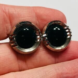Vintage Mid Century Cufflinks silvertone & dark green stone classic rounds